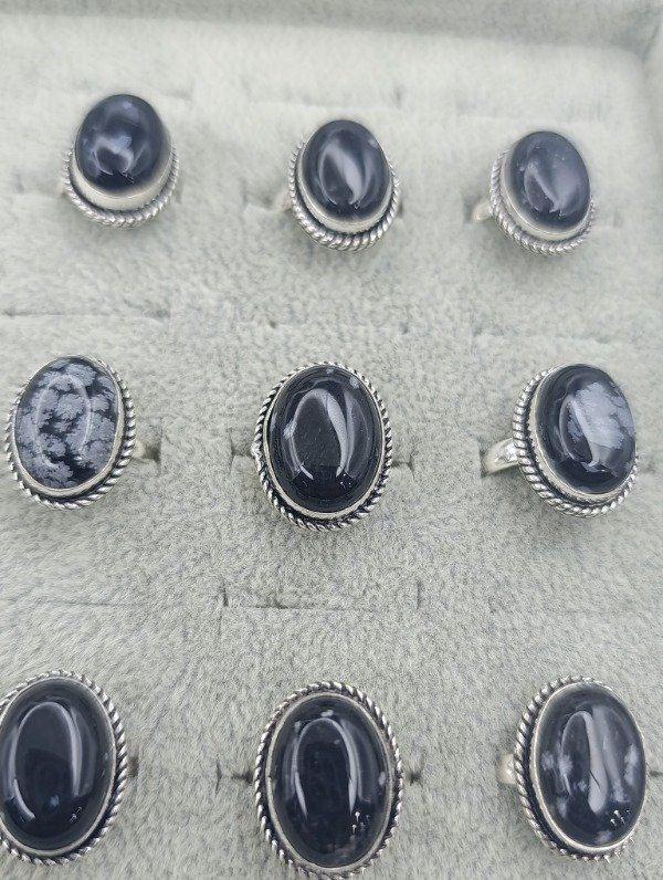 Producto - Anillo de baño en plata en piedra obsidiana copo de nieve - 1