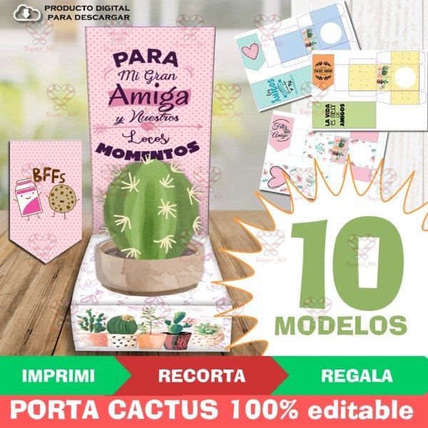 Producto - Kit Imprimible Portamacetas Cactus Suculentas Dia Del Amigo Editable y Pdf