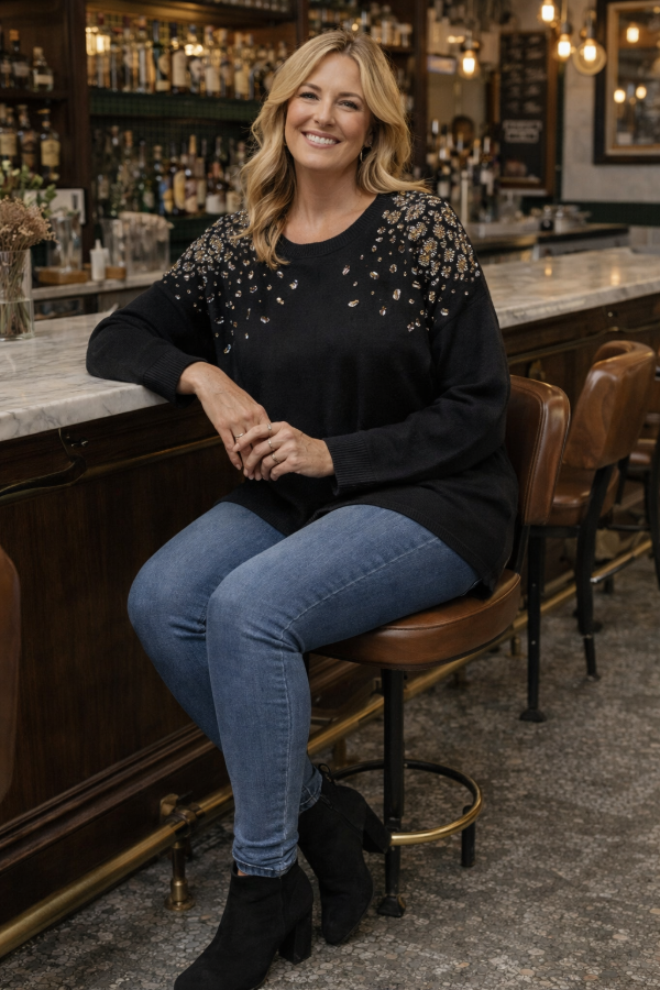 Producto - Sweaters Bremer Premium Importados Strass Amplio Larguitos Oversize - Negro