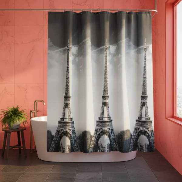 Producto - CORTINA PARA BAÑO DE RASO TEFLONADA ESTAMPA "TORRE EIFFEL"