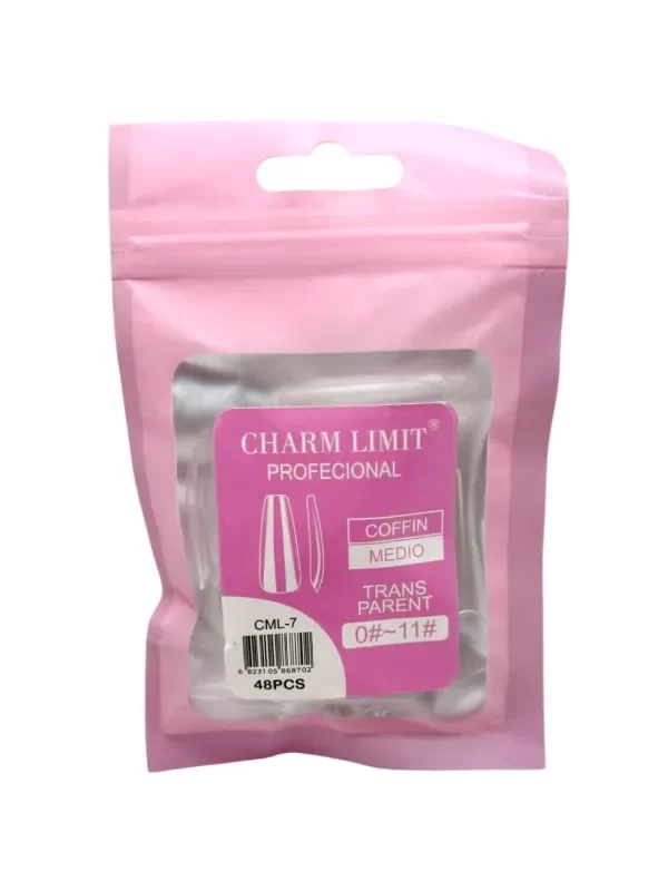 Producto - Tips press on soft gel coffin medio transparente 48pcs charm limit
