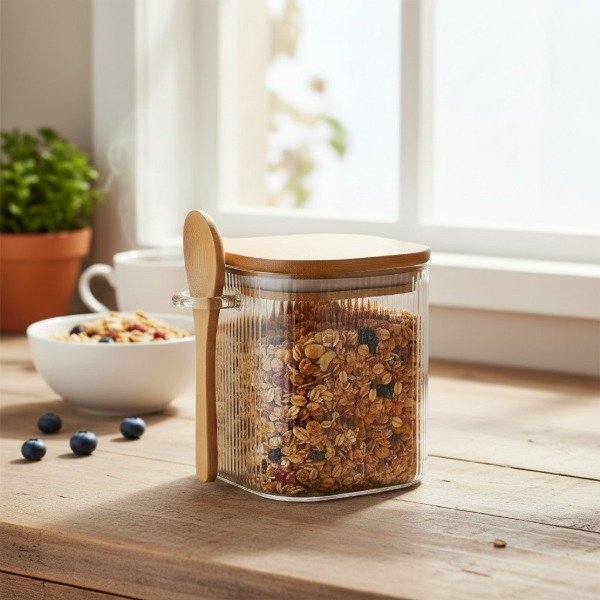 Producto - FRASCO CUADRADO DE VIDRIO RAYADO CON TAPA DE BAMBÚ HERMETICA Y CUCHARA 10 X 12CM