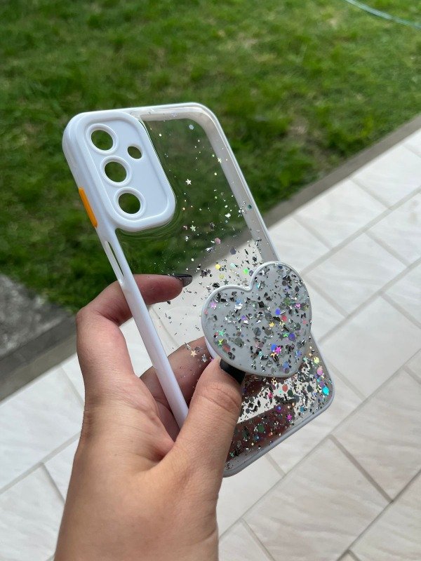 Producto - Funda con pop corazón brillos reforzada blanca