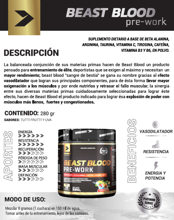 Producto - Beast Blood 35 Serv Body Advance Pre Entreno Potente Con Cafeína - 2