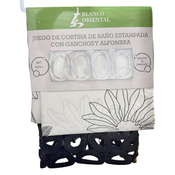 Producto - JUEGO DE CORTINA DE BANO ESTAMPADA C/GANCHOS Y ALFOMBRA
