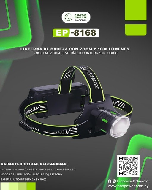 Producto - LINTERNA DE CABEZA RECARGABLE ECOPOWER EP-8168
