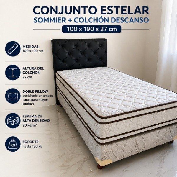 Producto - CONJUNTO ESTELAR SOMMIER + COLCHÓN 100 X 190 X 27CM DOBLE PILLOW