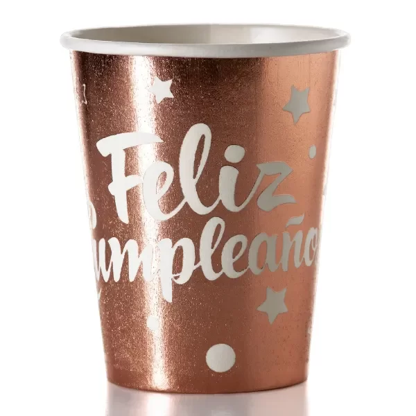 Producto - Vaso metalizado impreso FELIZ CUMPLE x10un color rosa gold letra blanca