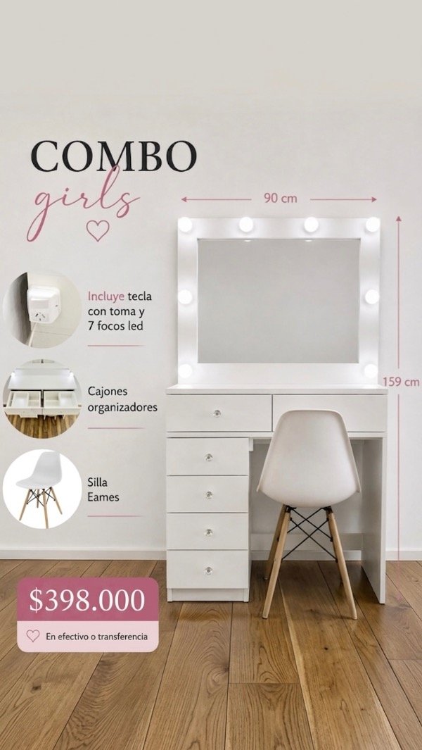 Producto - Combo espejo XL cajonera y lateral con silla
