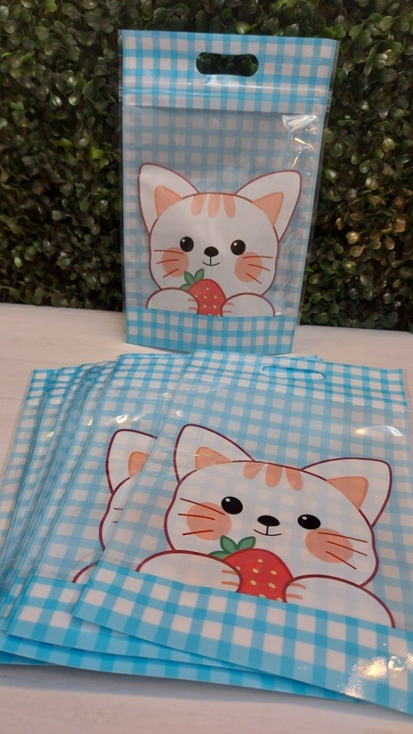 Producto - Bolsa doypack cuadrille CELESTE con GATITO. Precio por unidad.