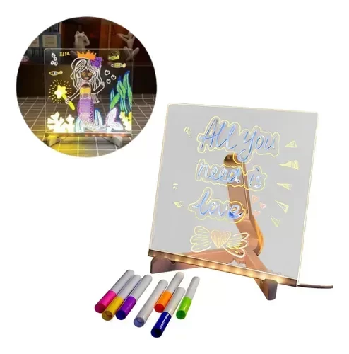 Producto - Pizarra Magica Luminosa 20x20 Luz Led Usb Acrilico Fibrones MC0879