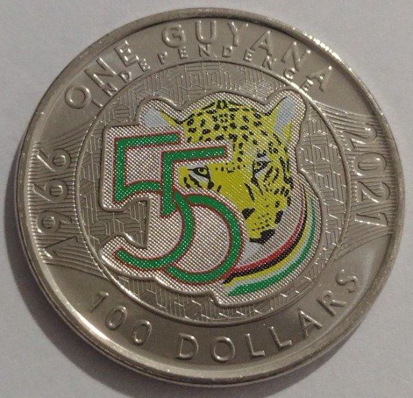 Producto - Guyana 100 Dolares 2021. 55 Años de la Independencia. Cuproniquel esmaltada 28mm