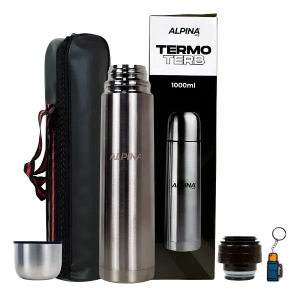 Producto - Termo Bala Acero Inoxidable 1 Lt Alpina + Bolso + Llavero Plateado