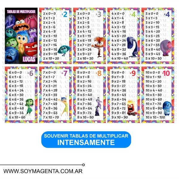 Producto - Souvenir tablas de multiplicar Intensamente para imprimir