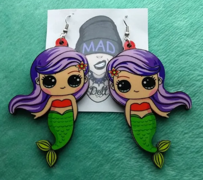 Producto - Par de Aros Fibrofácil Resinados Mermaid Sirenita Pelo Violeta