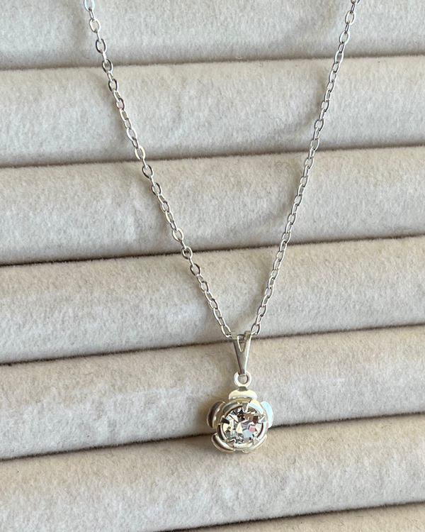 Producto - Conjunto cadena de acero blanco 45cm y dije rosa de Plata