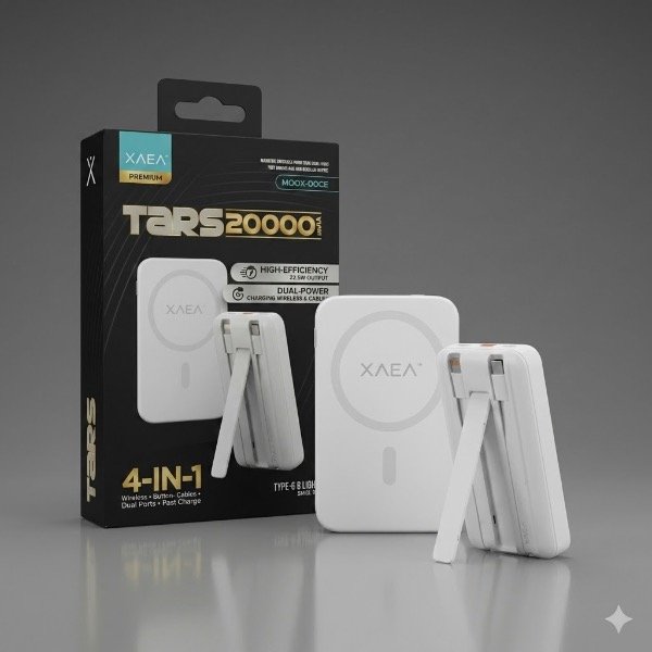 Producto - POWER BANK XAEA TARS 20000 PORTÁTIL 4 EN 1 CON CABLES INTEGRADOS Y SOPORTE