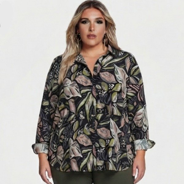 Producto - Camisa Saten Hojas.. talle 50/54 Amplio