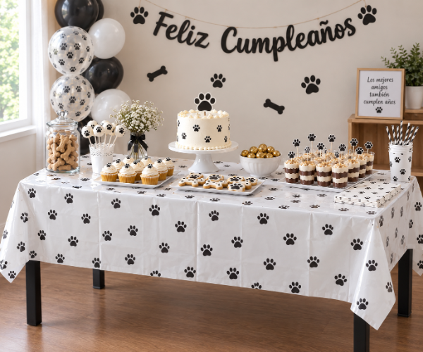 Producto - Mantel Metalizado Descartable Blanco / Huellitas Perro - 0