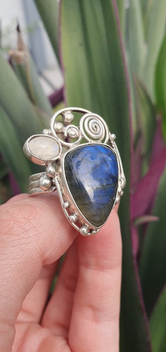 Producto - Anillo Magia Lunar - Labradorita azul, Piedra de la Luna y Plata