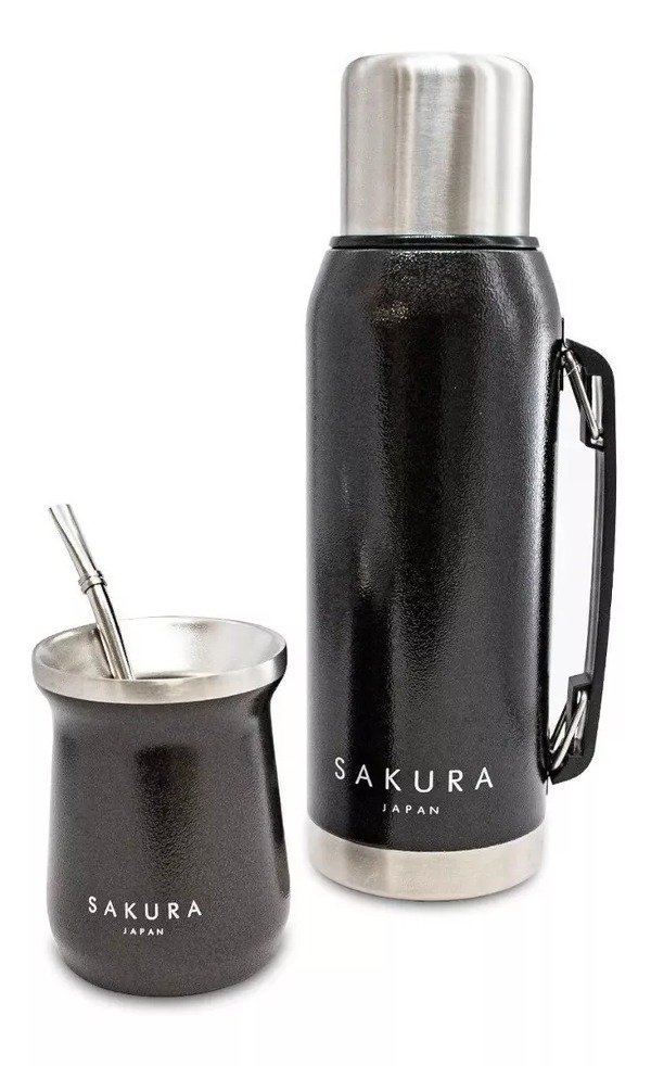 Producto - Set Termo Mate Sakura Clasico Acero Inoxidable Termico Negro