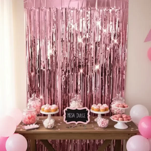 Producto - Cortina Rosa Claro LLuvia Material Metalizado