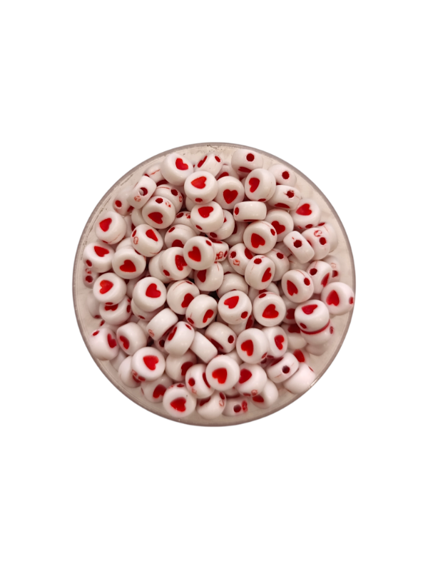 Producto - CUENTAS REDONDAS CORAZÓN BLANCO CON ROJO