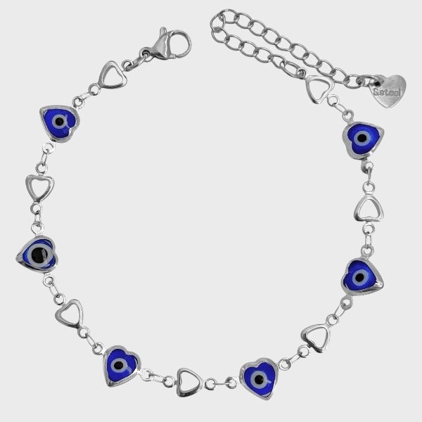 Producto - Pulsera de acero quirúrgico - Corazones - Ojitos turcos azules