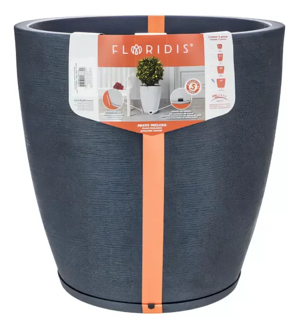 Producto - Maceta Floridis Plástica Grande Rotomoldeada Simil Piedra 49x55 Plato Gris Claro