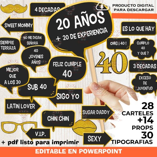 Producto - Kit Imprimible 40 años Photo Props Cartelitos Editable y Pdf