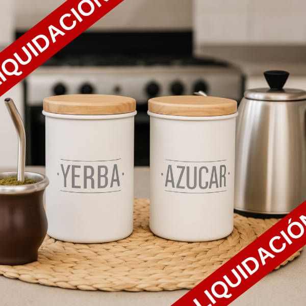 Producto - Tarro Contenedor de aluminio blanco y madera AZÚCAR / YERBA