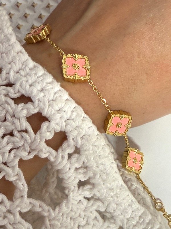 Producto - PD155 Pulsera flores rosa acero dorado 18+5 cm