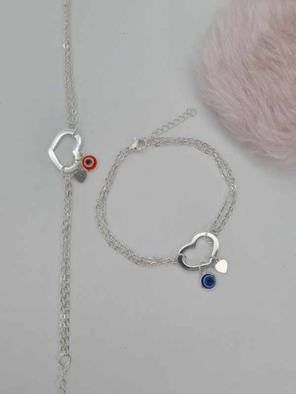 Producto - Pulsera acero blanco doble dije corazón plano calado y ojito turco
