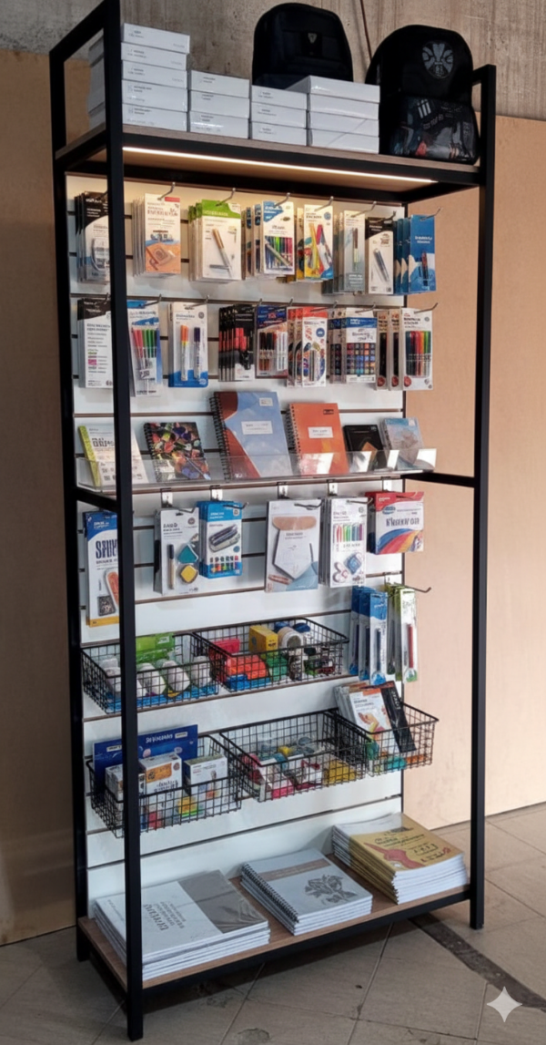 Producto - Exhibidor de hierro, madera y panel ranurado 90x200