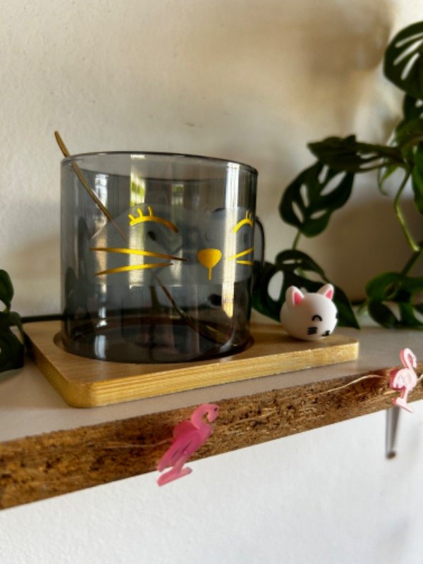 Producto - Taza gatito con cucharita y plato de bambú - 1