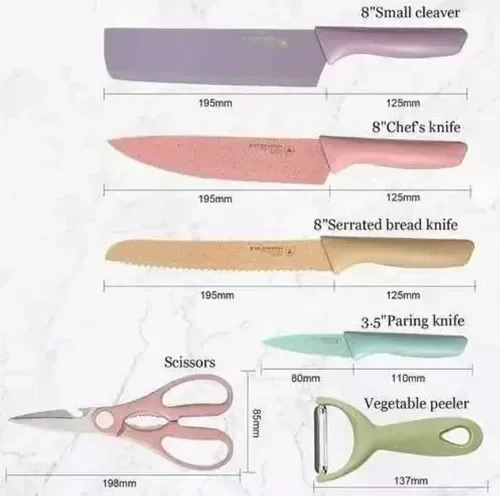 Producto - Set de Cuchillos de Cocina Antiadherentes  Tijera y Pelapapas - 6Piezas