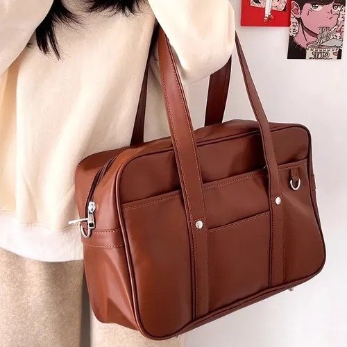 Producto - Morral portafolio estilo asiático simil cuero interior forrado 38x28 cm - Marrón