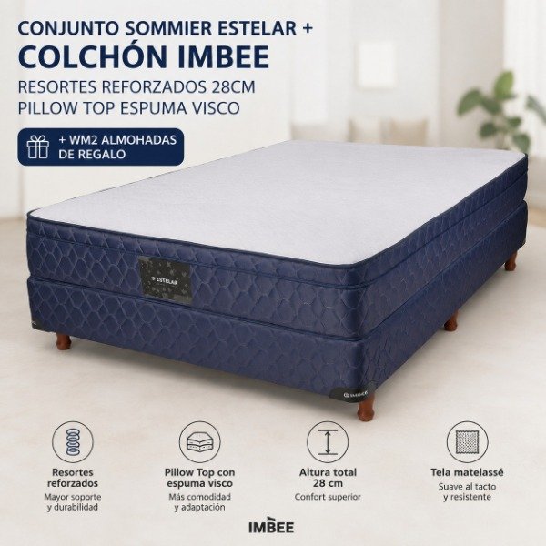 Producto - SOMMIER ESTELAR + COLCHON IMBEE PILLOW TOP ESPUMA VISCO + 2 ALMOHADAS DE REGALO