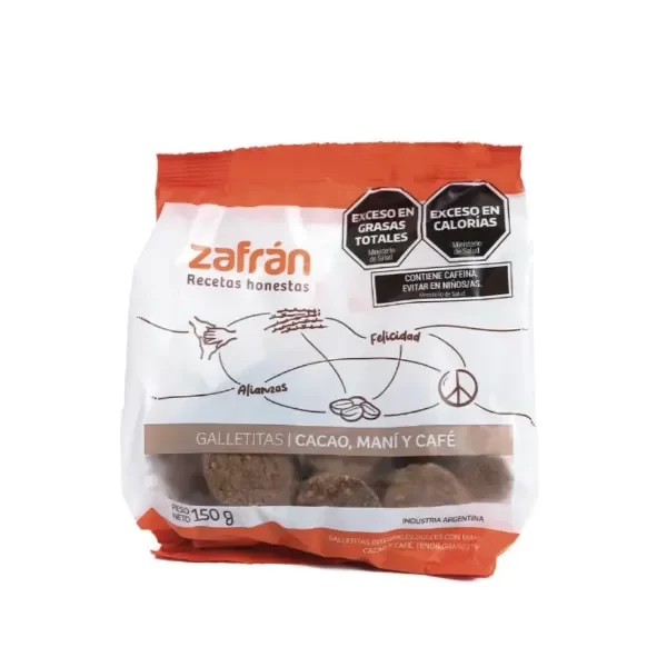 Producto - galletitas Zafran x 150 grs, cacao, maní y café.Integral con azucar mascabo