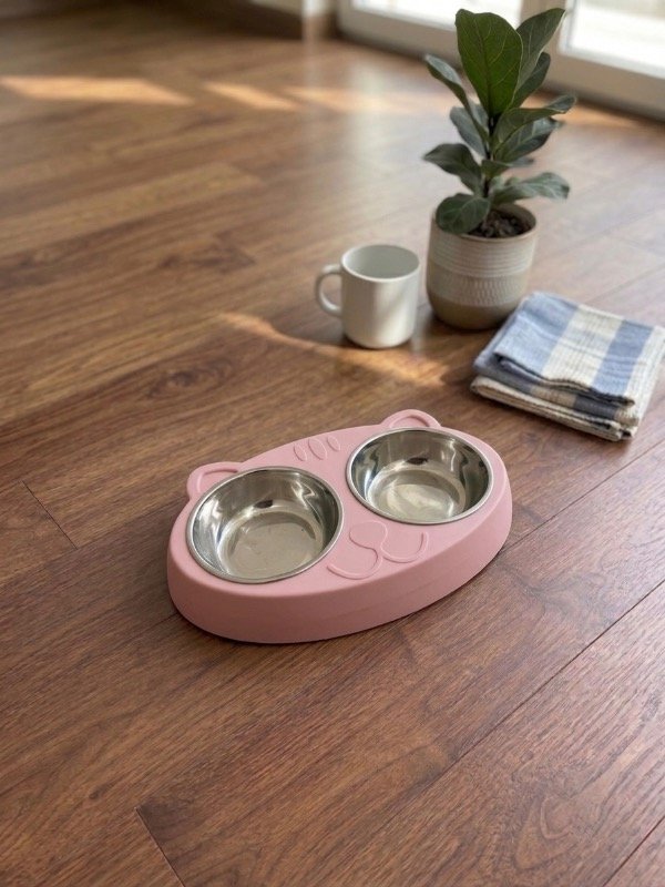 Producto - comedero doble gatito rosa