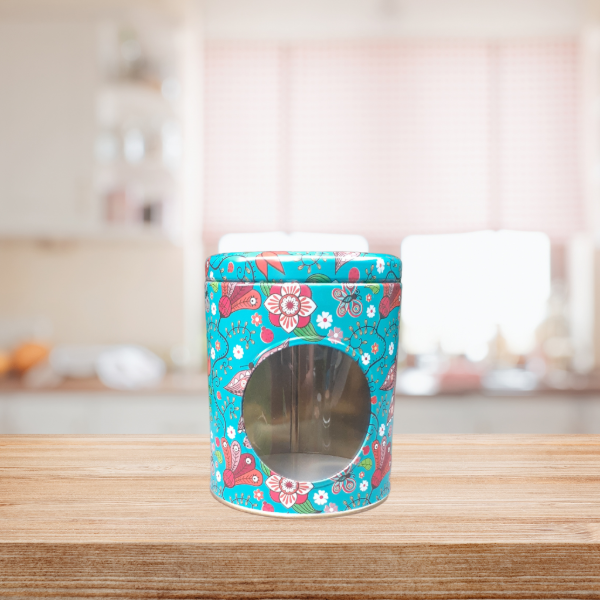 Producto - Lata Especias/Frutas secas con visor cilíndrica 9x10 Mariposas