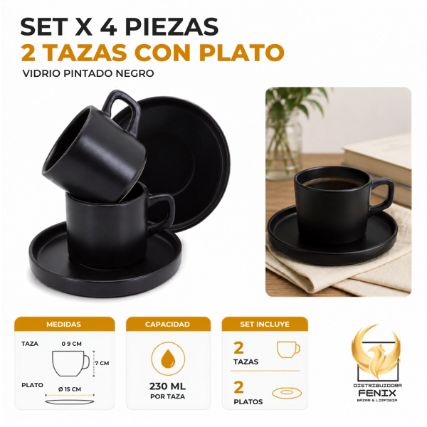 Producto - Set x4 tazas de vidrio negro con plato