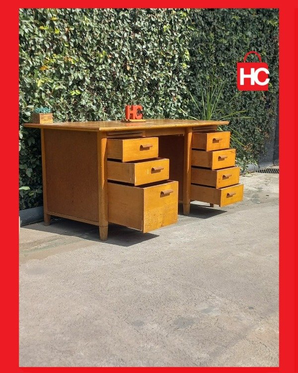 Producto - Gran escritorio de oficina vintage en madera con doble cajonera - 6