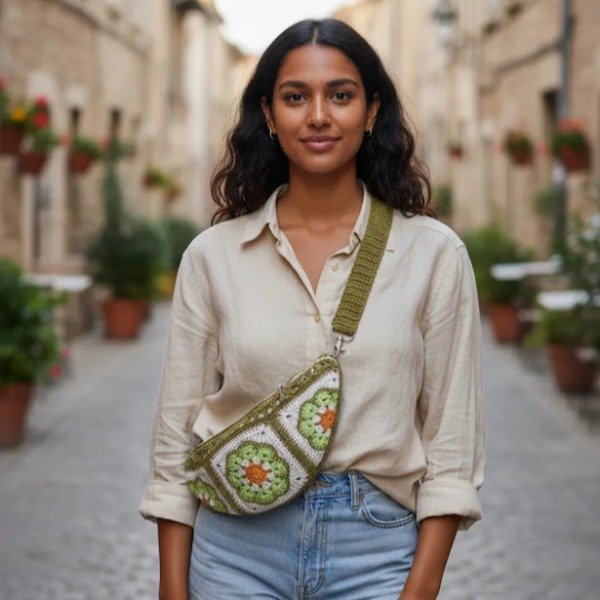 Producto - Bandolera - riñonera crochet floreada