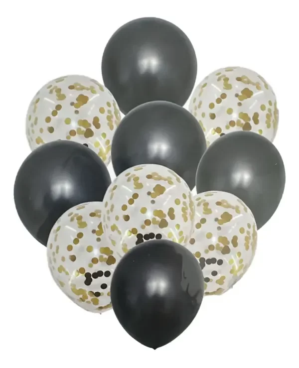 Producto - Set Blister Globos Negro y Dorado x10 con confeti + cinta