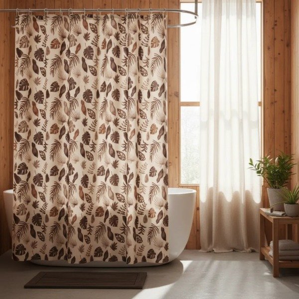Producto - CORTINA PARA BAÑO DOBLE FONDO BEIGE "HOJAS MONSTERAS MARRÓN" PREMIUM