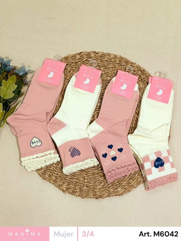 Producto - Art. M6042 - MAXIMA - Docena Media larga 3/4 Algodon de Mujer con Diseños Varios