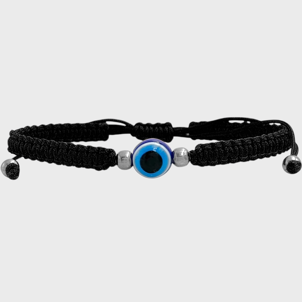 Producto - Pulsera de hilo y acero quirúrgico - Negro - Ojo turco azul
