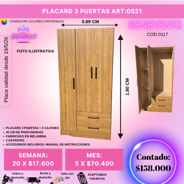 Producto - PLACARD 3 PUERTAS MELAMINA BENEVENTO