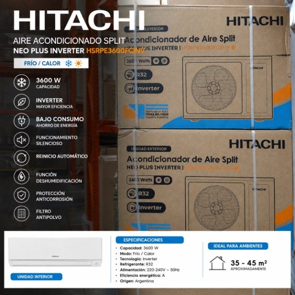 Producto - AIRE ACONDICIONADO HITACHI 3600W  INVERTER - Frío/Calor - Modelo:HSRPE3600FCINV
